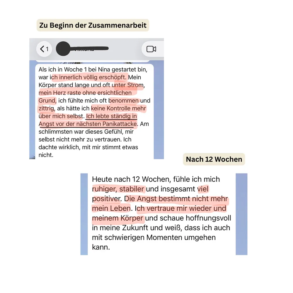 WhatsApp-Nachricht einer Kundin: wie es zu Beginn der Zusammenarbeit war und wie nach 12 Wochen