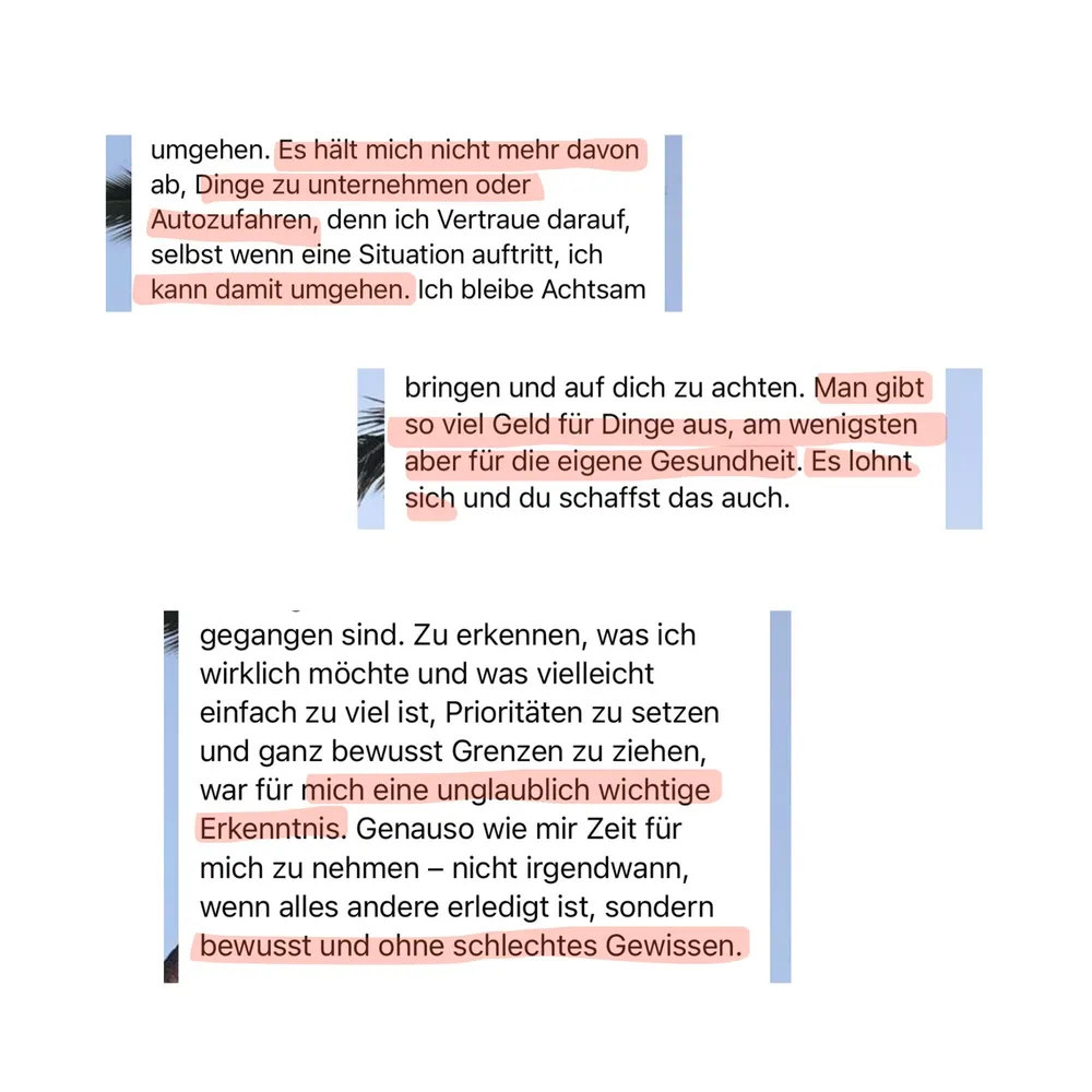 WhatsApp-Nachricht einer Kundin: Die Angst hält sie nicht mehr davon ab, etwas zu unternehmen oder Auto zu fahren. Sie setzt Prioritäten, zieht bewusst Grenzen und nimmt sich Zeit für sich, ohne schlechtes Gewissen.
