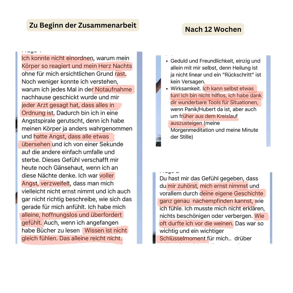 WhatsApp-Nachricht einer Kundin im Vergleich. Zu Beginn: Sie konnte nicht einordnen, warum ihr Herz nachts raste, wurde aus der Notaufnahme nach Hause geschickt und fühlte sich allein und hoffnungslos. Nach 12 Wochen: Sie weiß, dass sie selbst etwas tun kann, hat Werkzeuge für Panik und steigt früher aus dem Kreislauf aus.